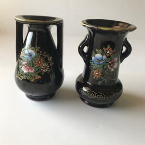 Set of (2) Black Handpainted Japanese Vases